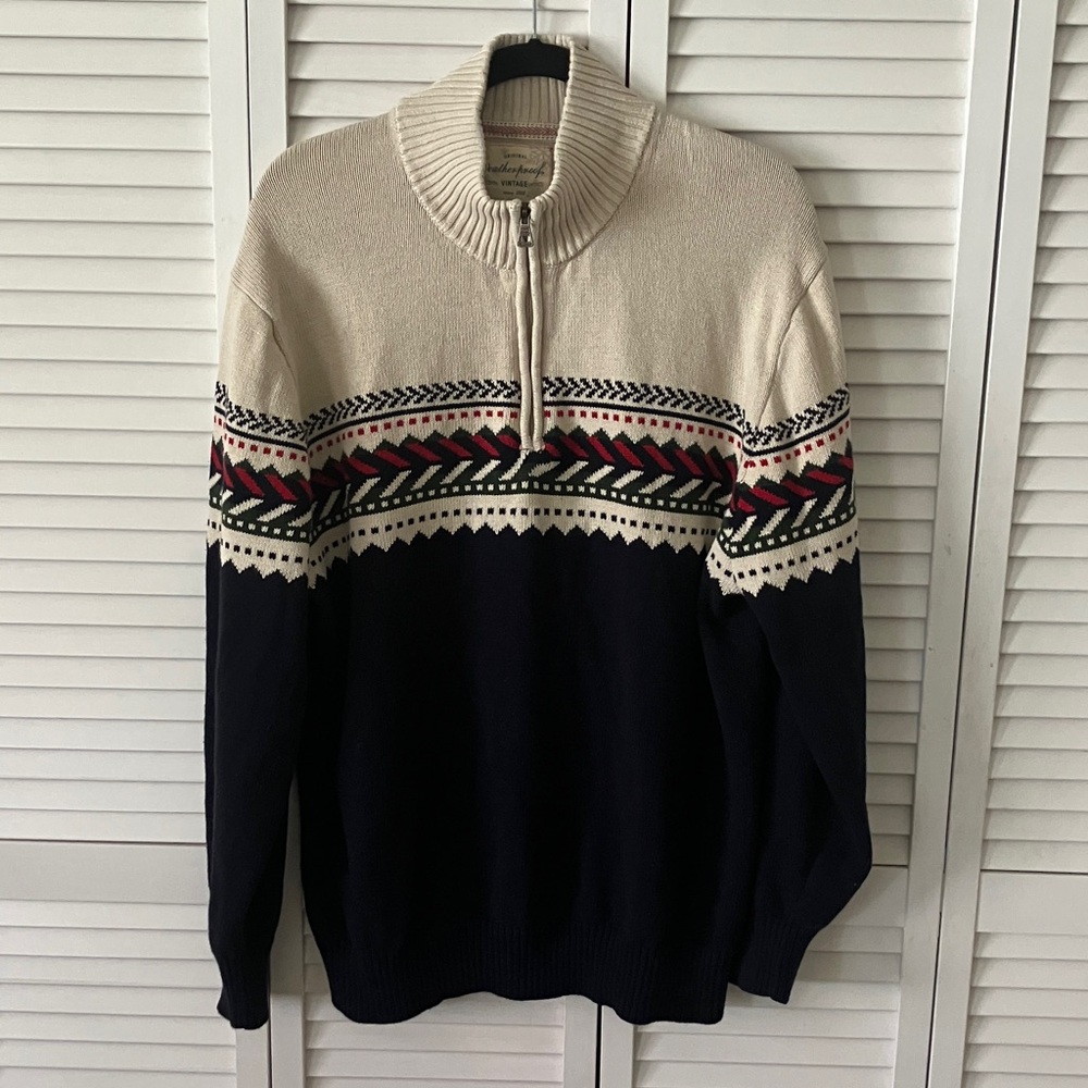 Weatherproof Cream & Navy Quarter-Zip Sweater, Red Accent 100% Cotton Size XXL‎